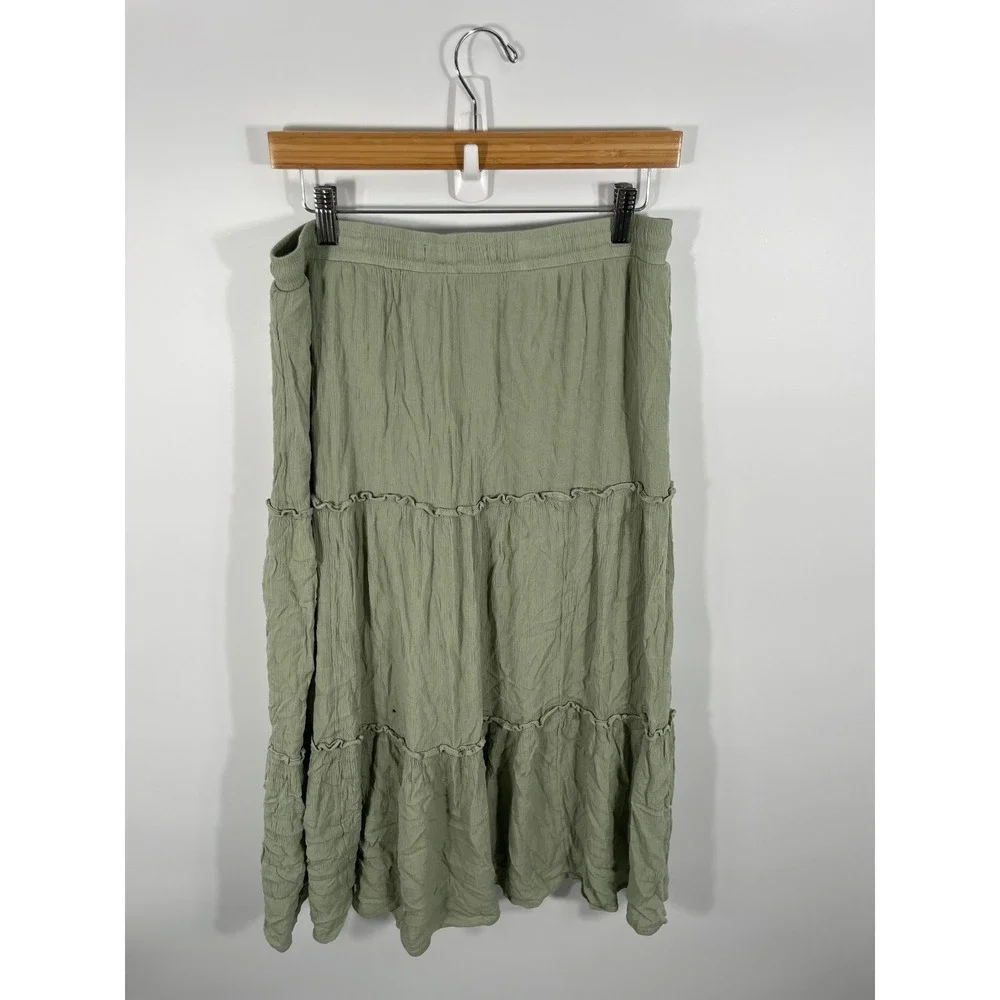 Womens Tiered Maxi Skirt L Green Ruffle Boho Cottage Forest Fairy Beach Stretch
